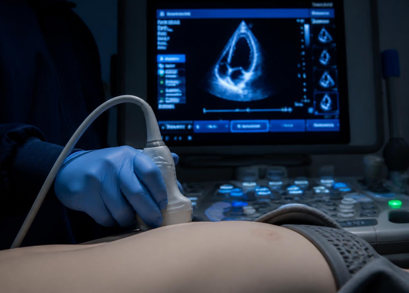 Transdutor de ultrassom em treinamento de POCUS